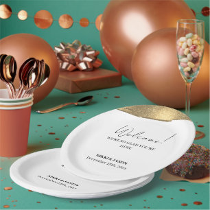 Elegant Gold Glitter Line Minimal Wedding Welcome  Paper Plate