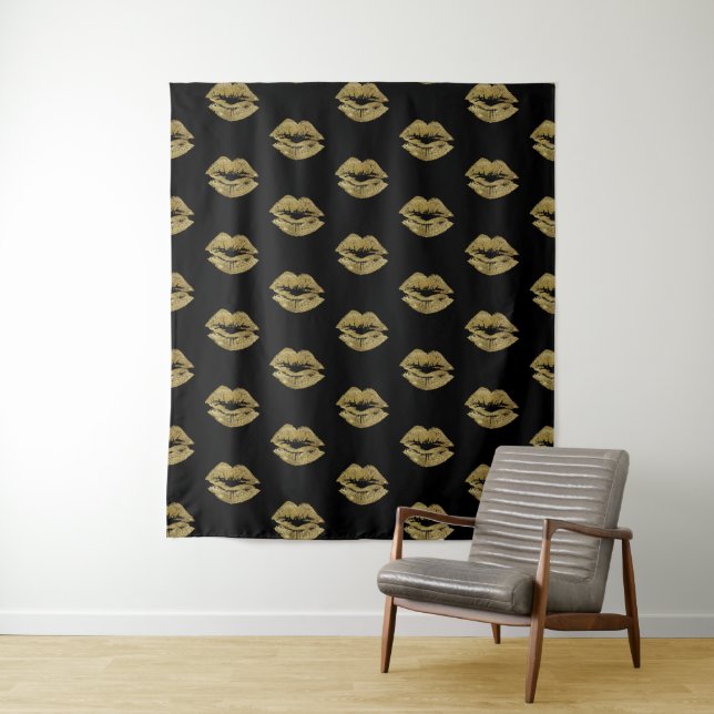 Elegant Gold Glitter Lips Pattern Tapestry (In Situ)