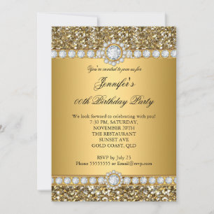 Elegant Gold Glitter Look Diamond Trim Birthday Invitation