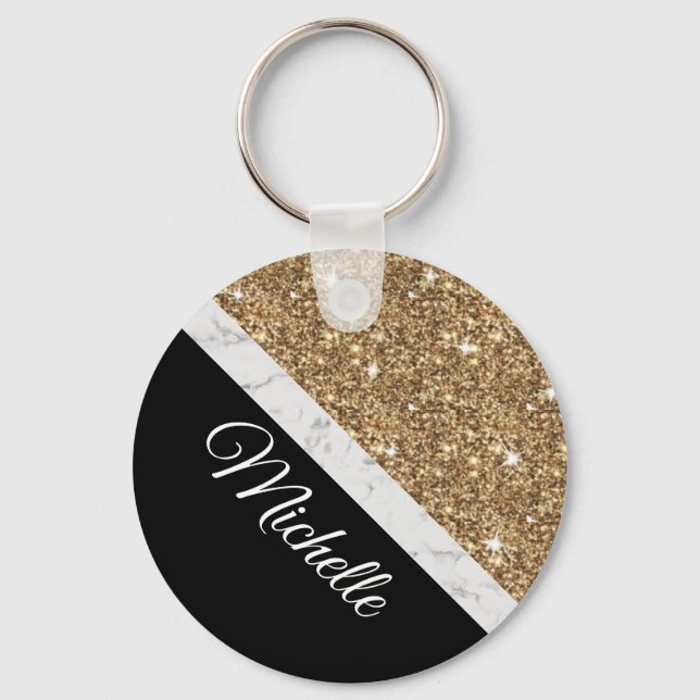 Elegant Gold Glitter Marble Custom Name Black Chic Keychain (Front)