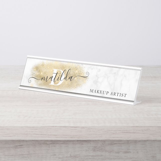 Elegant gold glitter marble makeup artist  desk name plate (Front)