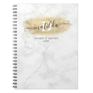 Elegant gold glitter marble makeup artist notebook