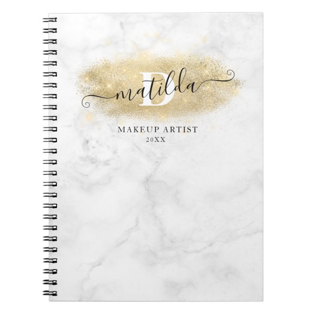 Elegant gold glitter marble makeup artist  notebook (Front)