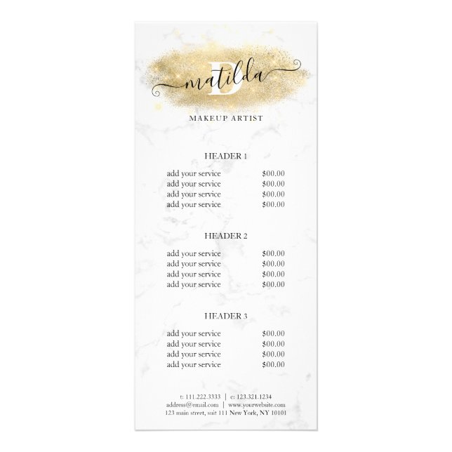 Elegant gold glitter marble makeup artist  rack card (Front)