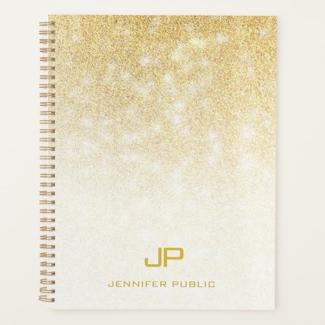 Elegant Gold Glitter Modern Monogrammed Name Planner (Front)