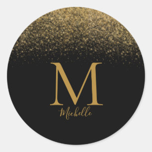 Elegant Gold Glitter Monogram Name  Classic Round Sticker