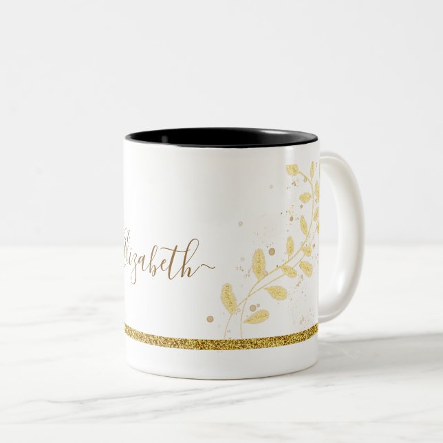 Elegant Gold Glitter Monogram Name Two-Tone Coffee Mug (Front Right)