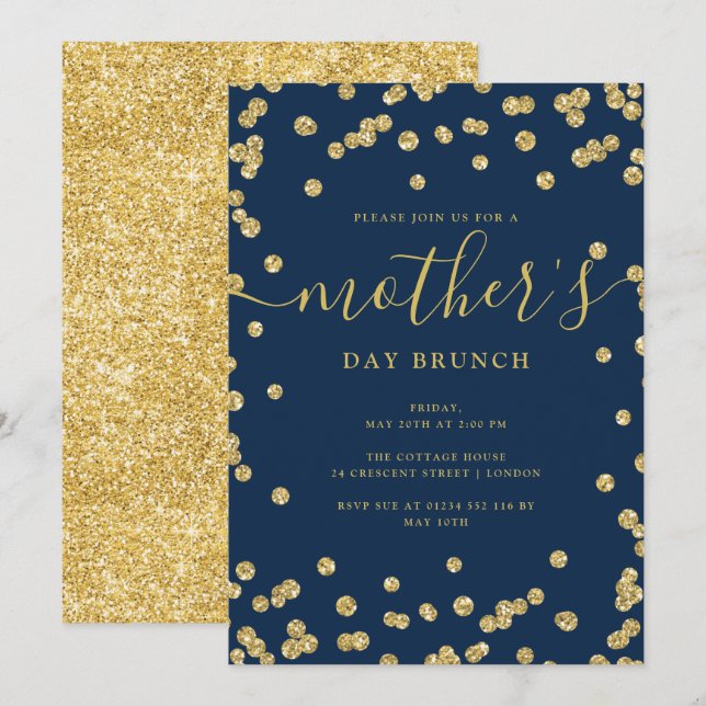 Elegant Gold Glitter Mother's Day Brunch Navy  Invitation (Front/Back)