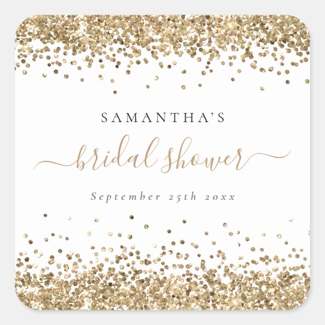 Elegant Gold Glitter Name Date Bridal Shower Square Sticker (Front)
