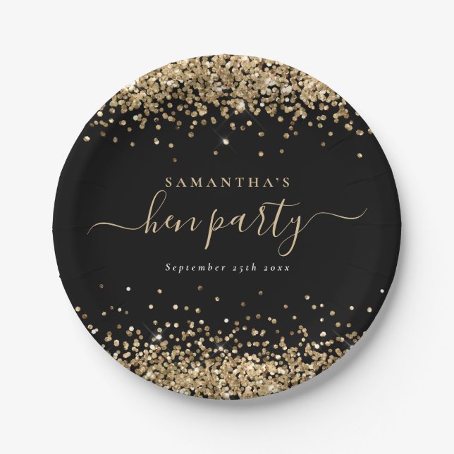 Elegant Gold Glitter Name Date Hen Party Black Paper Plate (Front)