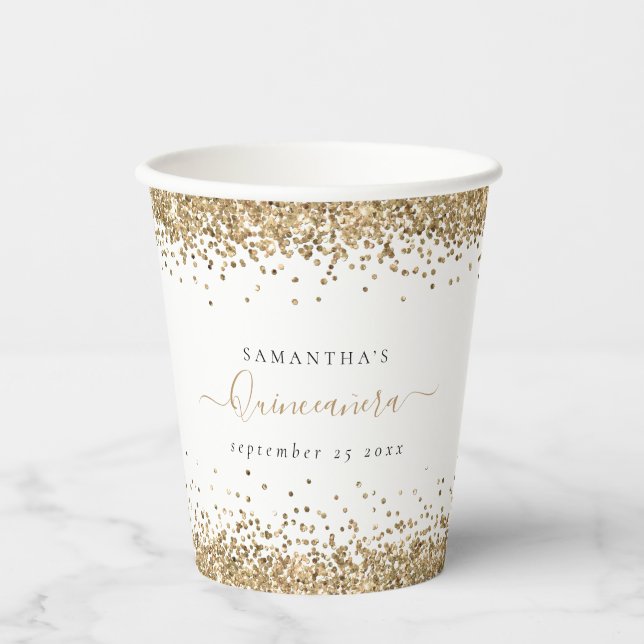 Elegant Gold Glitter Name Quinceañera Party Paper Cups (Front)