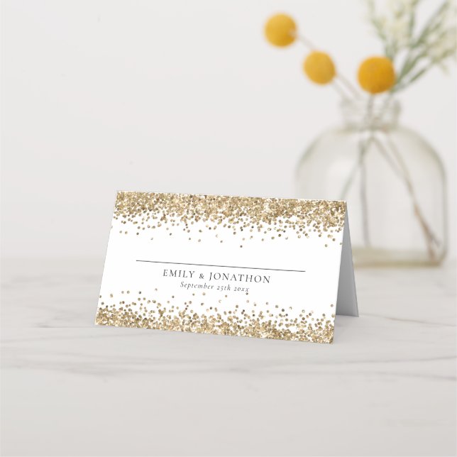 Elegant Gold Glitter Names Date Wedding Place Card (Front)