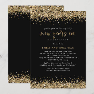 Elegant Gold Glitter New Years Eve Black  Invitation