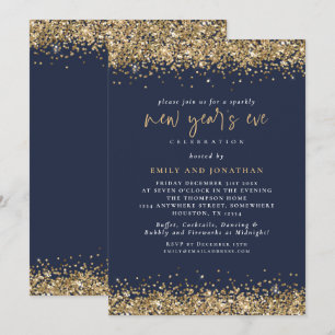 Elegant Gold Glitter New Years Eve Navy Blue Invitation