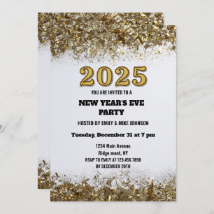 Elegant Gold Glitter New Years Eve white 2025 Invitation