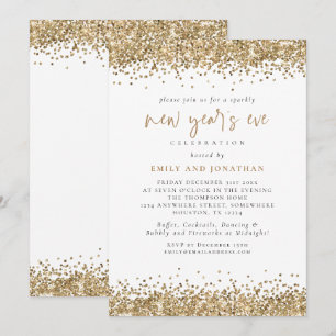 Elegant Gold Glitter New Years Eve White Invitation