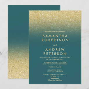 Elegant gold glitter ombre teal wedding invitation