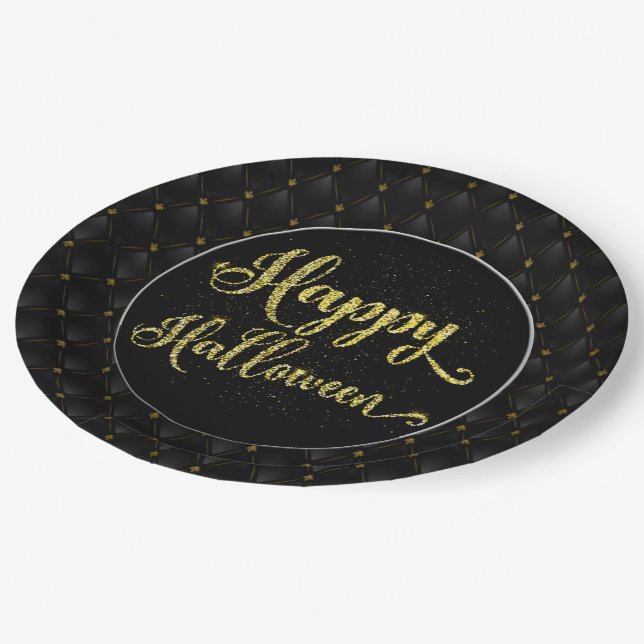 Elegant Gold Glitter On Black Happy Halloween Paper Plate (Angled)