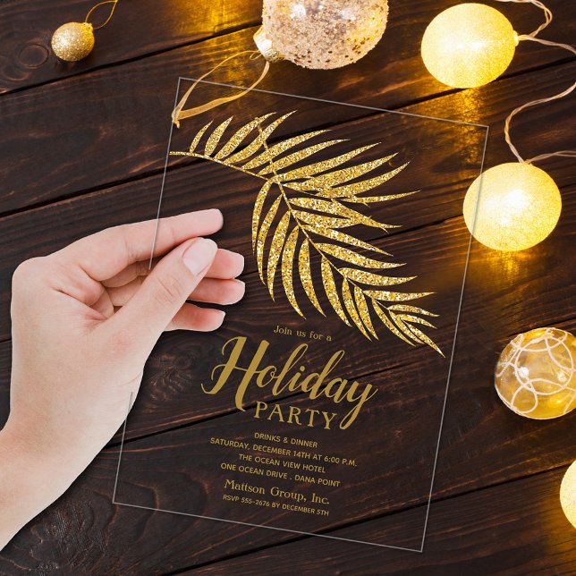 Elegant Gold Glitter Palm Holiday Christmas Acrylic Invitations (Elegant gold faux glitter palm fronds clear ACRYLIC holiday Christmas party invitations)