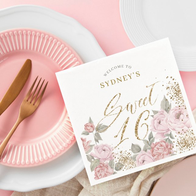 Elegant Gold Glitter Peony Florals Sweet 16 Favour Napkin (Creator Uploaded)
