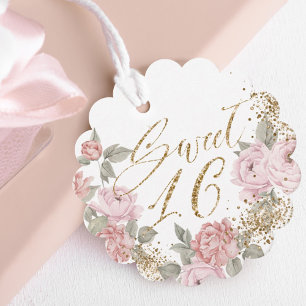 Elegant Gold Glitter Peony Florals Sweet 16 Favour Tags