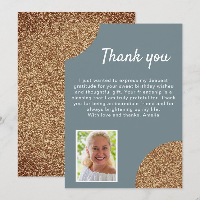 Elegant Gold Glitter Photo Birthday Thank You Card (Front/Back)