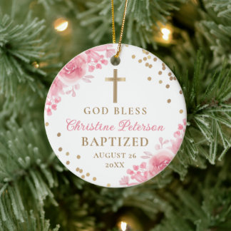 Elegant Gold Glitter Pink Floral Baptism Photo Ceramic Ornament