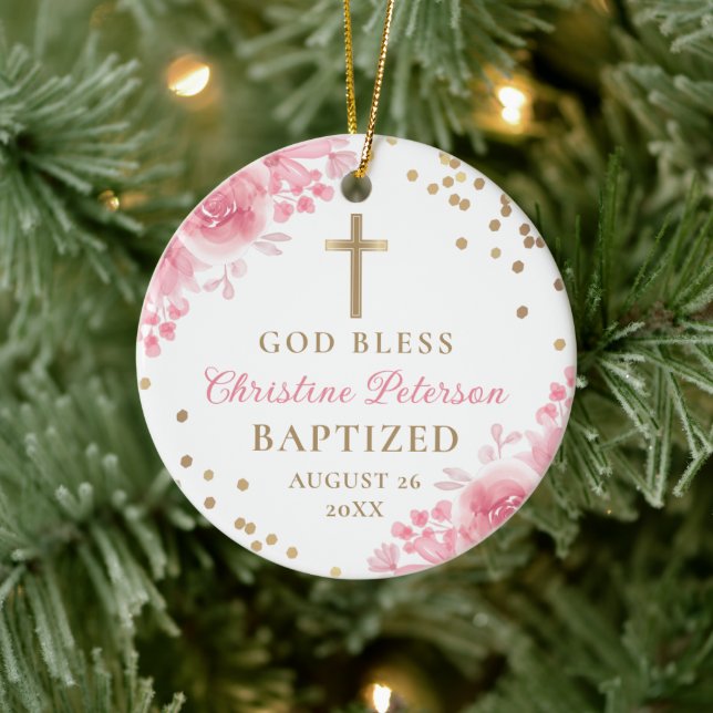 Elegant Gold Glitter Pink Floral Baptism Photo Ceramic Ornament (Tree)