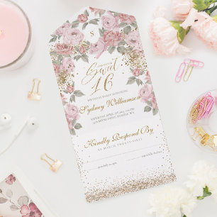 Elegant Gold Glitter Pink Peony Sweet 16 Birthday All In One Invitation