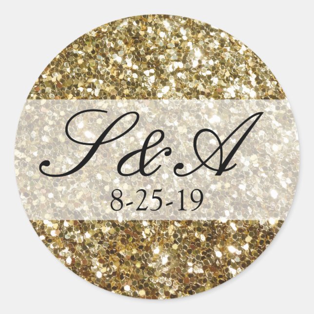 Elegant Gold Glitter Printed Wedding Classic Round Sticker (Front)