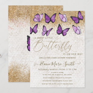 Elegant Gold Glitter Purple Butterfly Baby Shower  Invitation