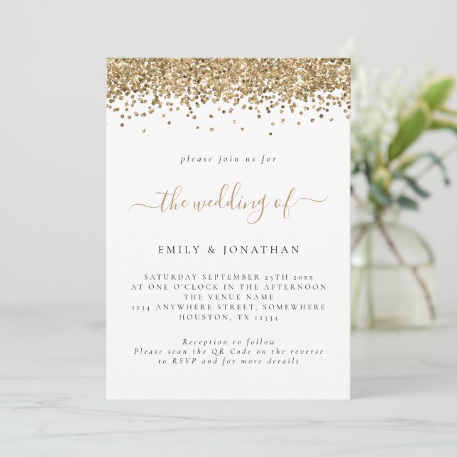 Elegant Gold Glitter QR Code Wedding Invitation (Standing Front)