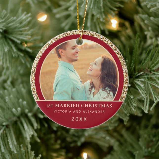 Elegant Gold Glitter Red 1st Married Christmas   Ceramic Ornament (Tree)