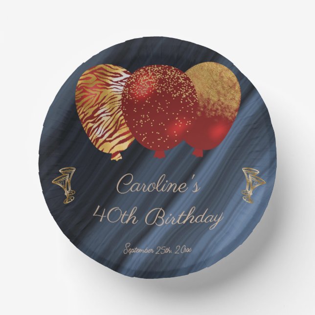 Elegant Gold & Glitter Red Balloons Birthday Paper Plate (Front)