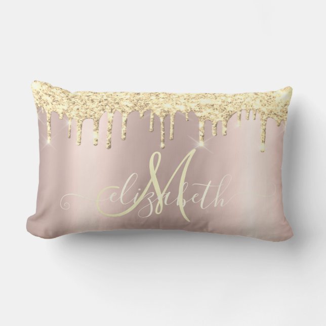 Elegant Gold Glitter Rose Gold  Monogram Lumbar Pillow (Front)