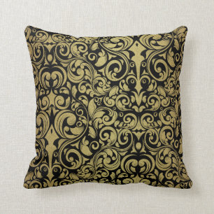 Elegant Gold Glitter Royal Black Damask Throw Pillow