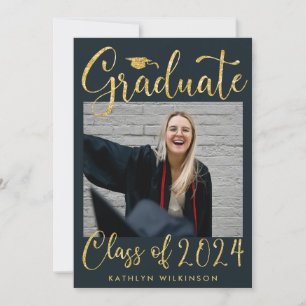 Elegant Gold Glitter Script Chic Blue Photo GRAD Announcement