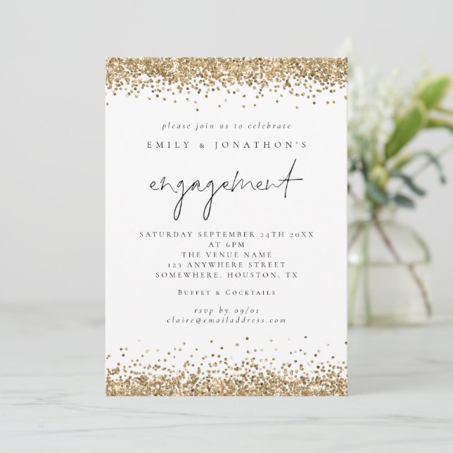 Elegant Gold Glitter Script Engagement Party Invitation (Standing Front)