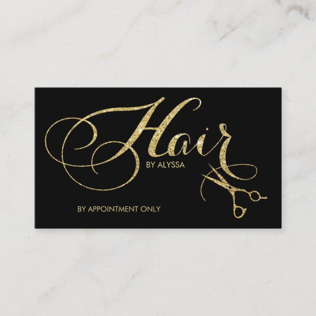 Elegant Gold Glitter Script Hair Stylist Appointment Card (Front)