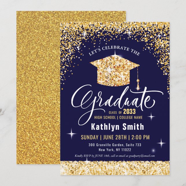 Elegant Gold Glitter Script Sparkling Graduation Invitation (Front/Back)