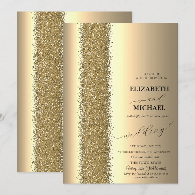 Elegant Gold Glitter Script Wedding Invitation (Front/Back)