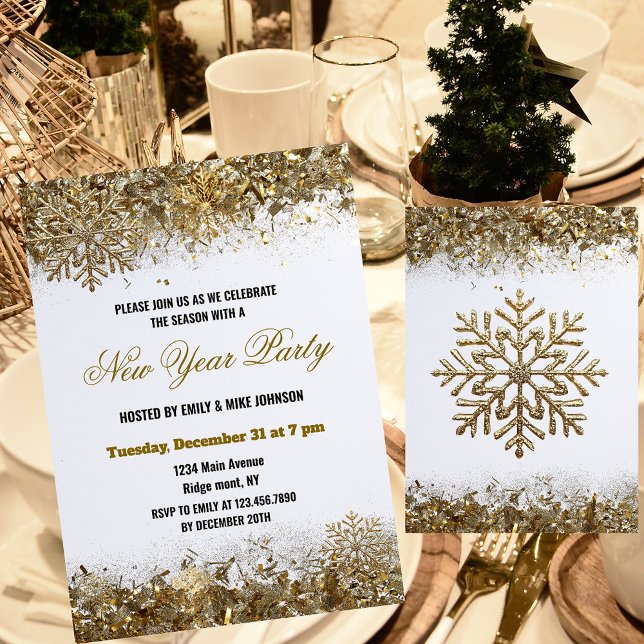 Elegant Gold Glitter Snowflake New Year Party Invitation (Creator Uploaded)