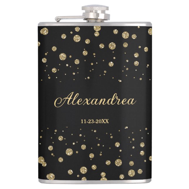 Elegant Gold Glitter Sparkle Black Personalize Hip Flask (Front)