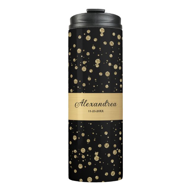 Elegant Gold Glitter Sparkle Black Personalize Thermal Tumbler (Front)