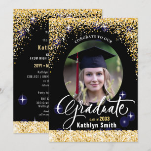 Elegant Gold Glitter Sparkling Photo Graduation Announcement
