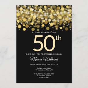 Elegant Gold Glitter String lights 50th birthday Invitation