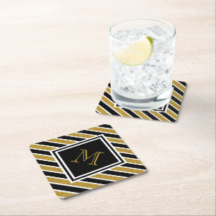 Elegant Gold Glitter Stripes Monogrammed Paper Coaster