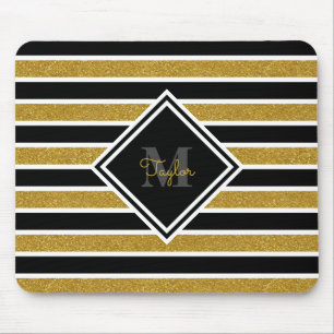 Elegant Gold Glitter Stripes with Name Monogram Mouse Pad