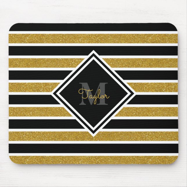 Elegant Gold Glitter Stripes with Name Monogram Mouse Pad (Front)