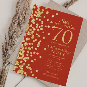 Elegant Gold Glitter Surprise 70th Birthday Red  Invitation